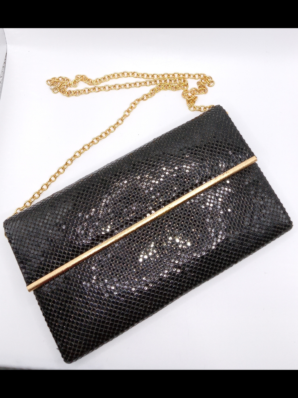 Vintage Whiting & Davis Black Metal Mesh Clutch Purse with Gold Chain